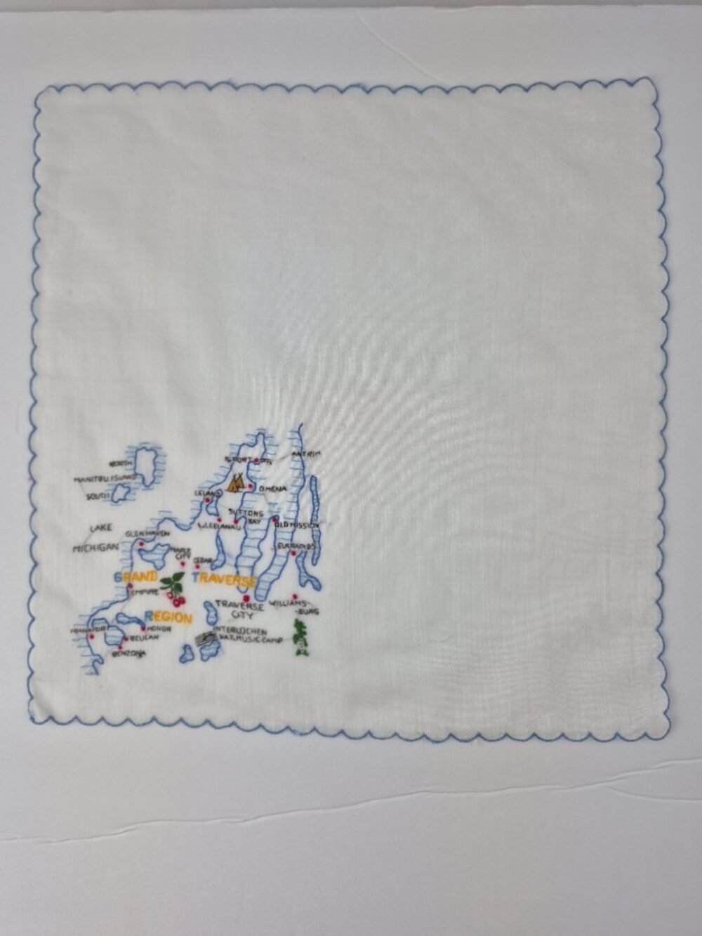 Vintage Grande Traverse Region of Michigan Embroidered Souvenier Hankercheif